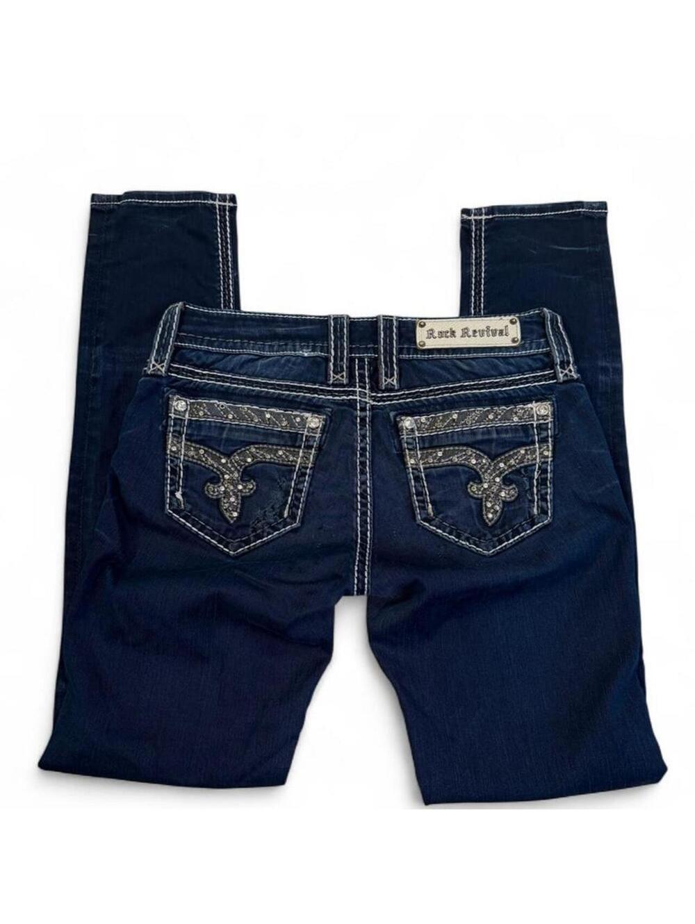 Rock Revival navy blue jeans with white stitching and rhinestone  size 27